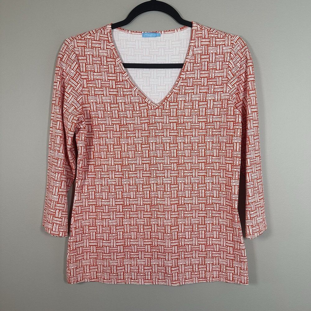 J. McLaughlin‎ Small Orange White Woven Pattern 3/4 Sleeve VNeck Top
